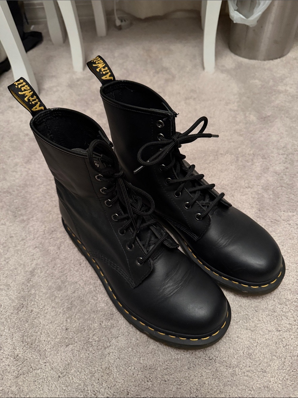 Dr. Martens Black Leather Lace-Up Combat Boots with Yellow Stitching